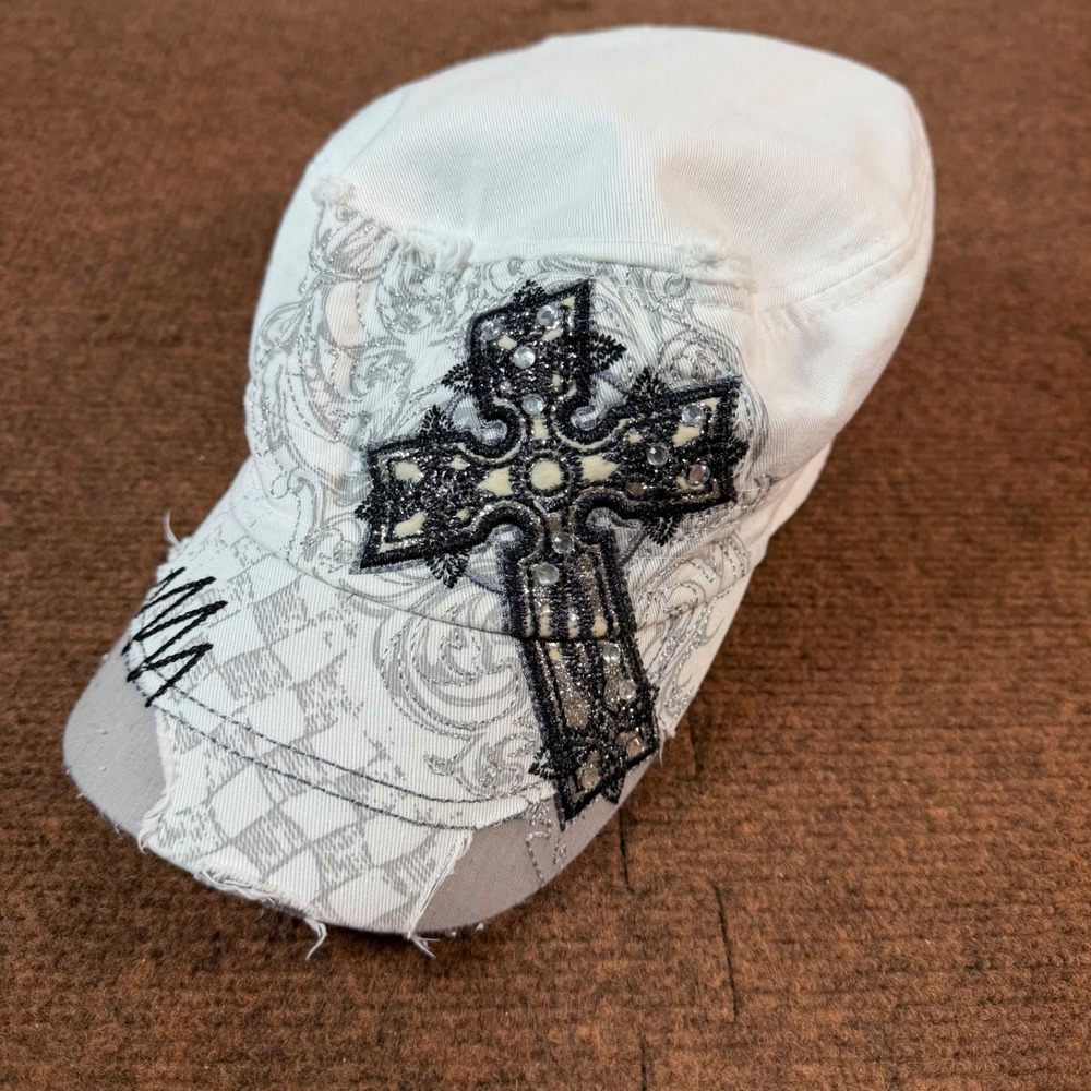 A+ KBETHOS White Distressed Cadet Hat Rhinestone Cross Y2K Military Cap Women